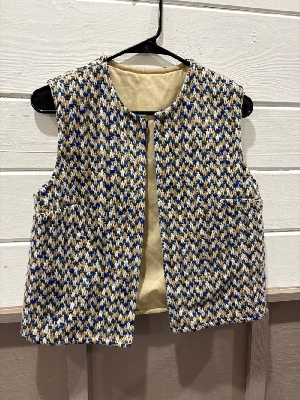 Homemade Crocheted Houndstooth Knit Vest in Cream, Blue & Tan